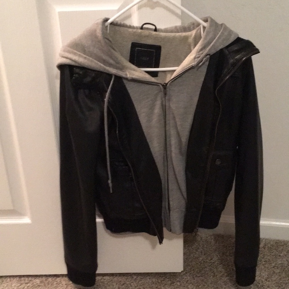 Obey leather black jacket grey hoodie
